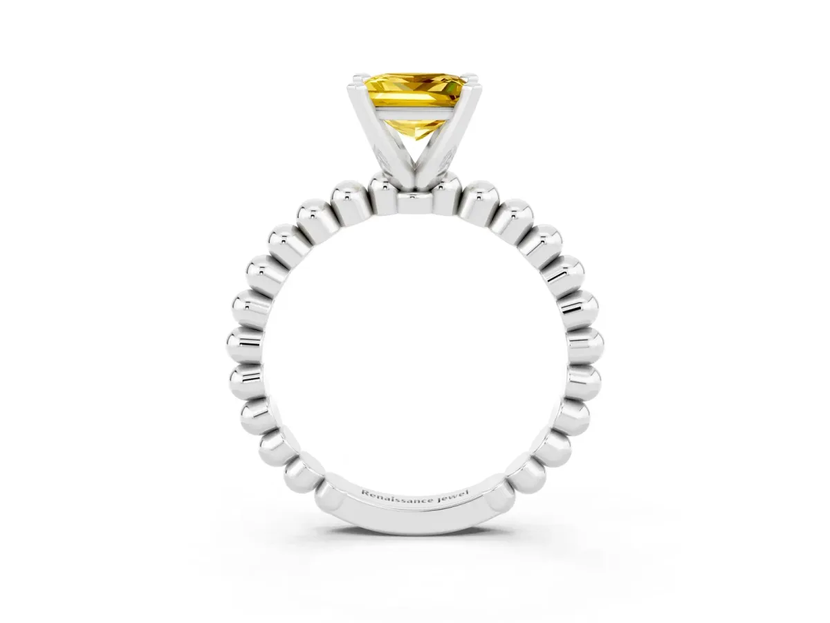 Princess Cut Yellow Sapphire Solitaire Ring with Beaded Band and Prong Setting Silver