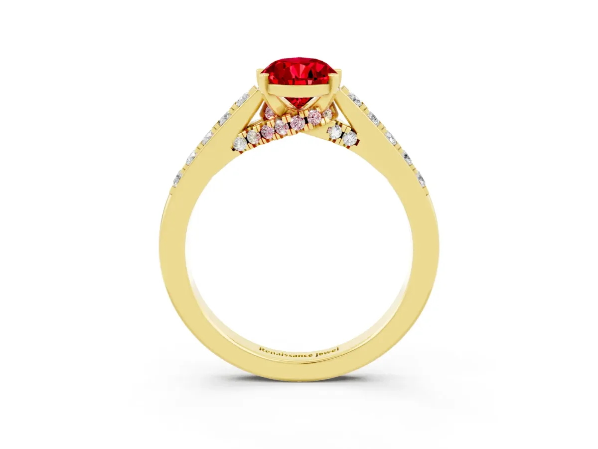 Pear Cut Ruby Solitaire Ring with Crossover Gallery and Round Pavé Band Yellow gold
