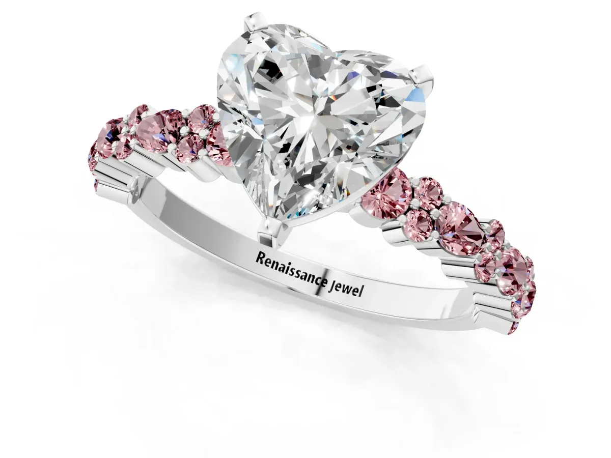 Heart Cut Diamond Side Stone Solitaire Ring with Round Morganite and Four-Prong Setting Platinum