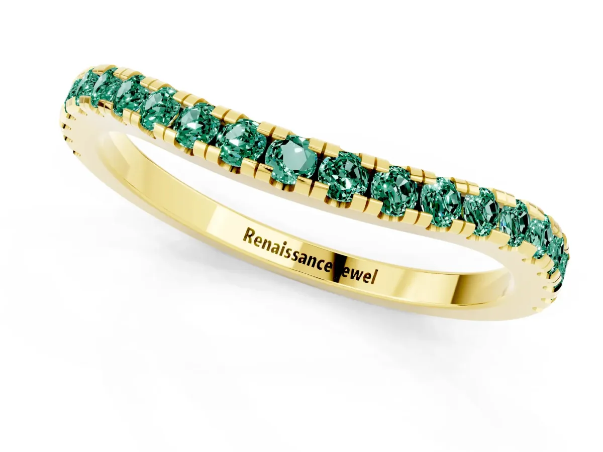 Round Green Sapphire Pavé Half Eternity Band with Shared Prong Setting Yellow gold