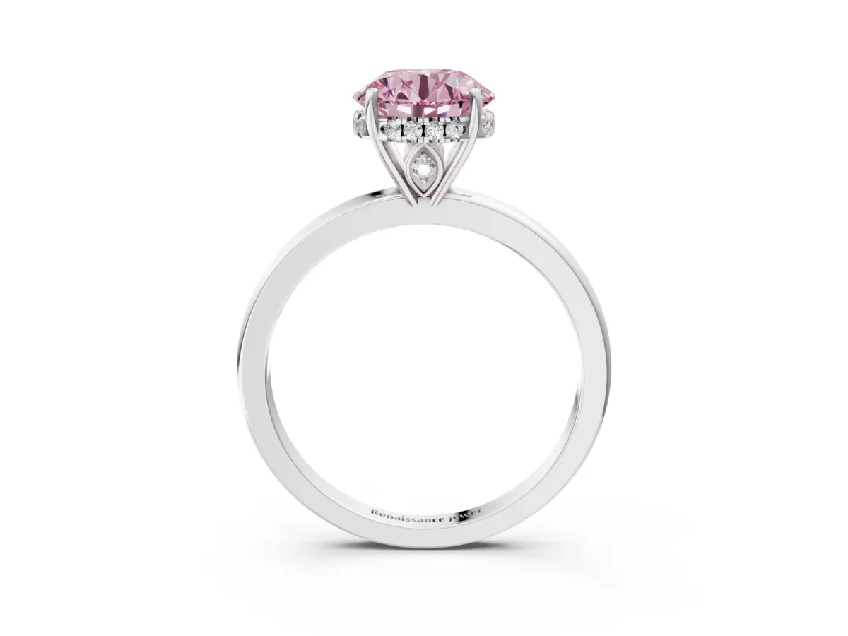 Fancy Pink Round Cut Solitaire Diamond Ring with Prong Setting and Plain Band Platinum