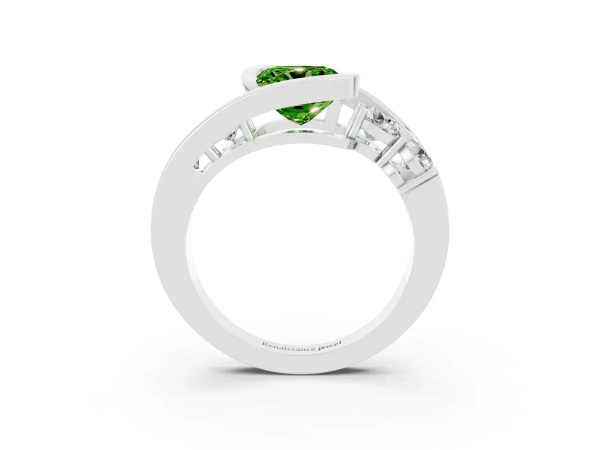 Bezel Set Cushion Cut Peridot Bypass Ring with Round Accents Silver