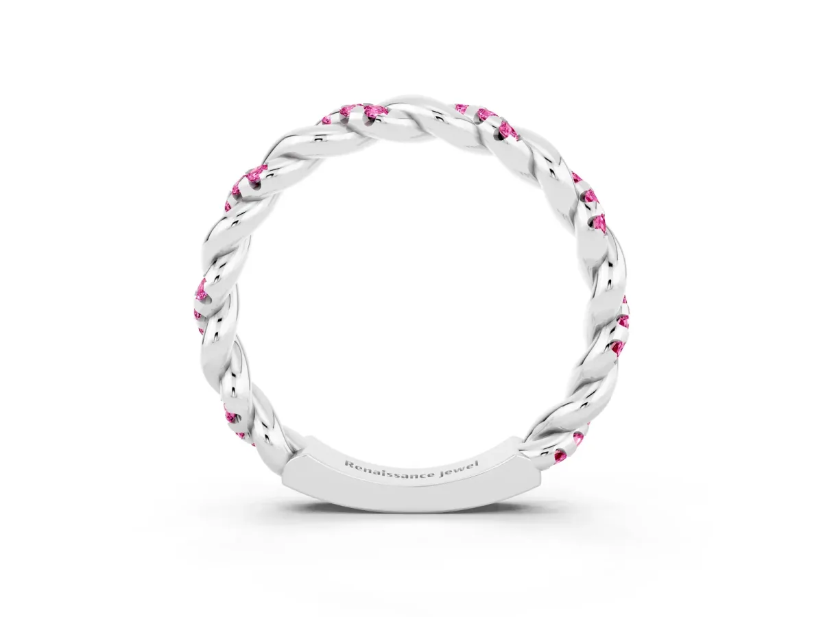 Twisted Pavé Round Pink Sapphire Eternity Band Platinum