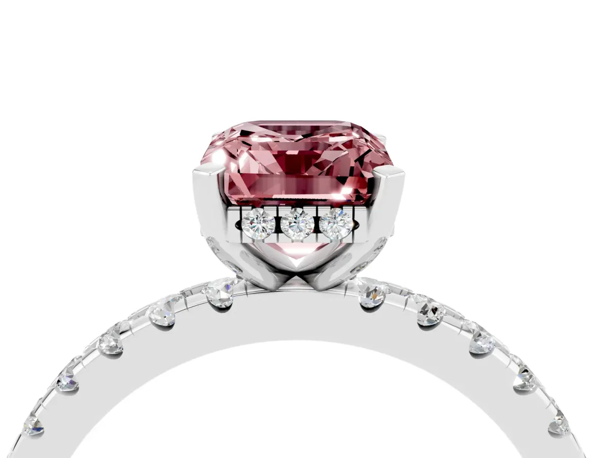 Emerald Cut Morganite Solitaire Ring with Round Pavé Band and Four-Prong Setting Silver