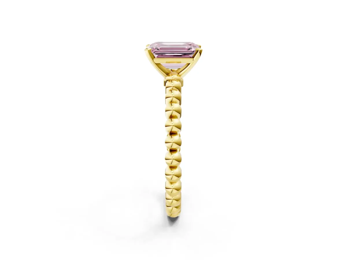 Fancy Pink Emerald Cut Diamond Solitaire Ring with Beaded Band and Prong Setting Yellow gold