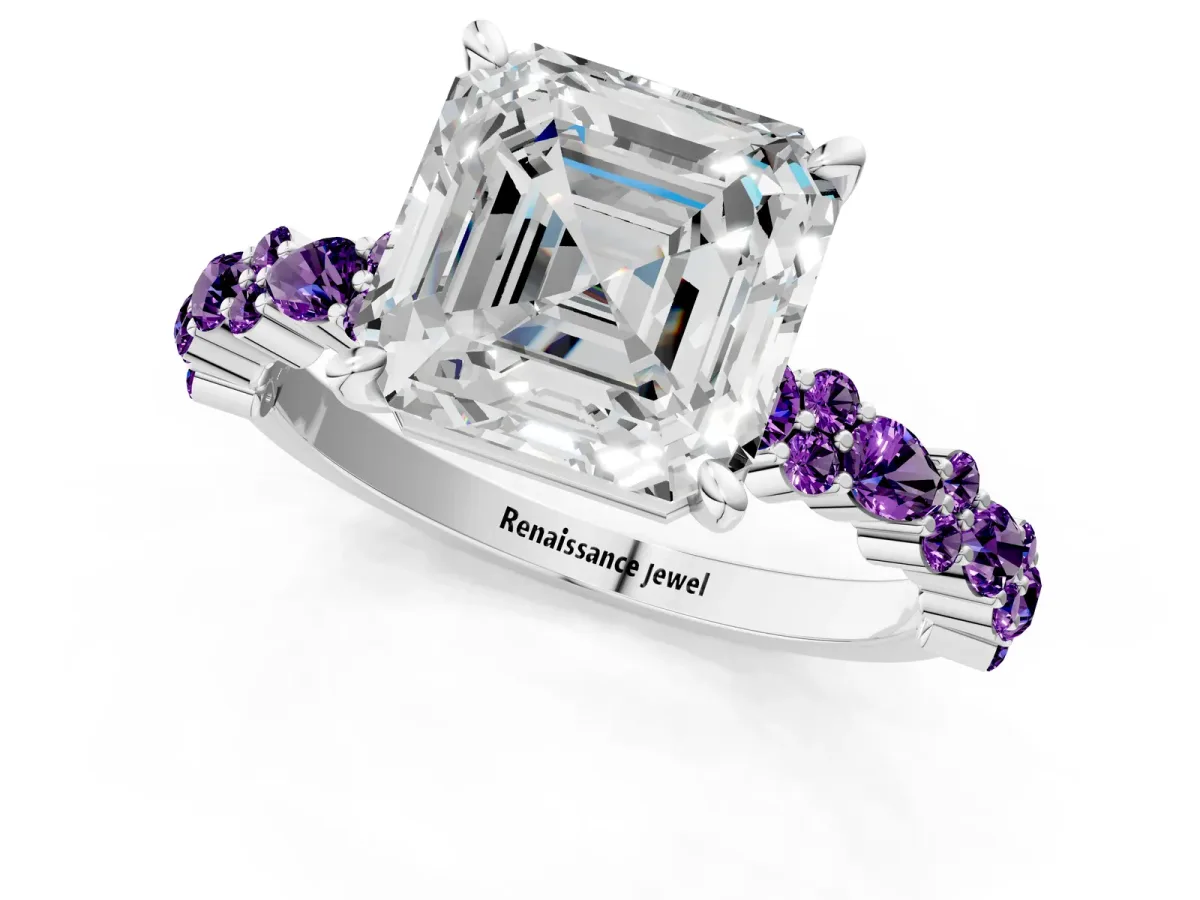 Asscher Cut Diamond Side Stone Solitaire Ring with Round Amethyst and Four-Prong Setting Silver