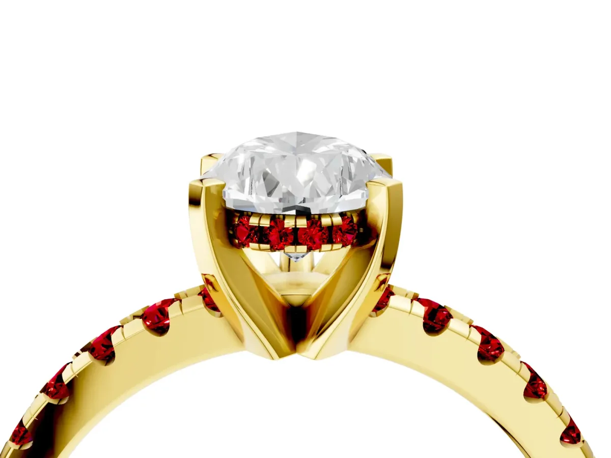 Pear Cut Diamond Solitaire Ring with Round Ruby Pavé Band and Four-Prong Setting Yellow gold