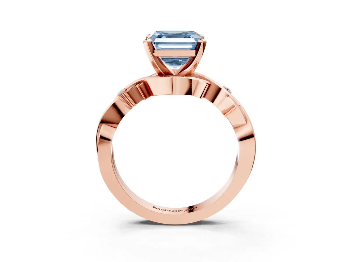 Fancy Blue Asscher Cut Diamond Solitaire Ring with Twisted Band and Prong Setting Rose gold