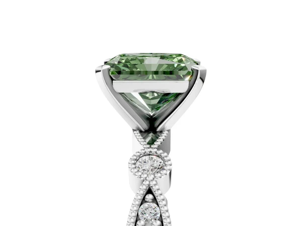 Fancy Green Radiant Cut Milgrain Bezel Diamond Engagement Ring with Solitaire Prong Setting Platinum