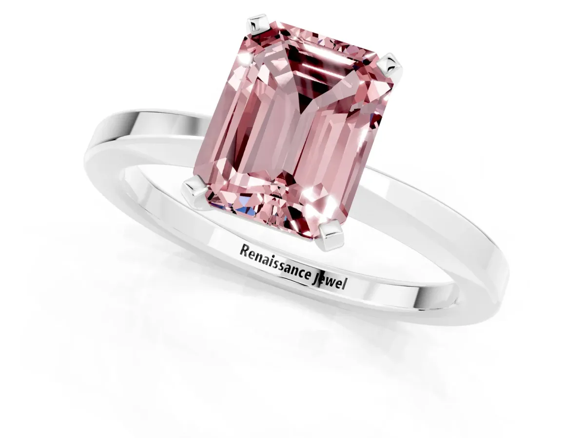 Emerald Cut Morganite Solitaire Engagement Ring with Classic Band and Four-Prong Setting Silver