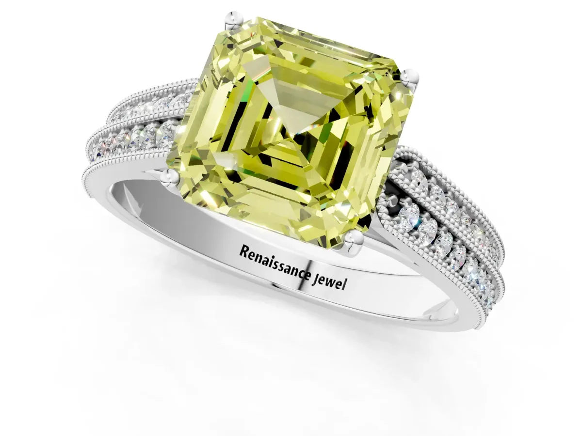 Fancy Yellow Asscher Cut Cut Pave Split Shank Engagement Ring with Four-Prong Setting Platinum