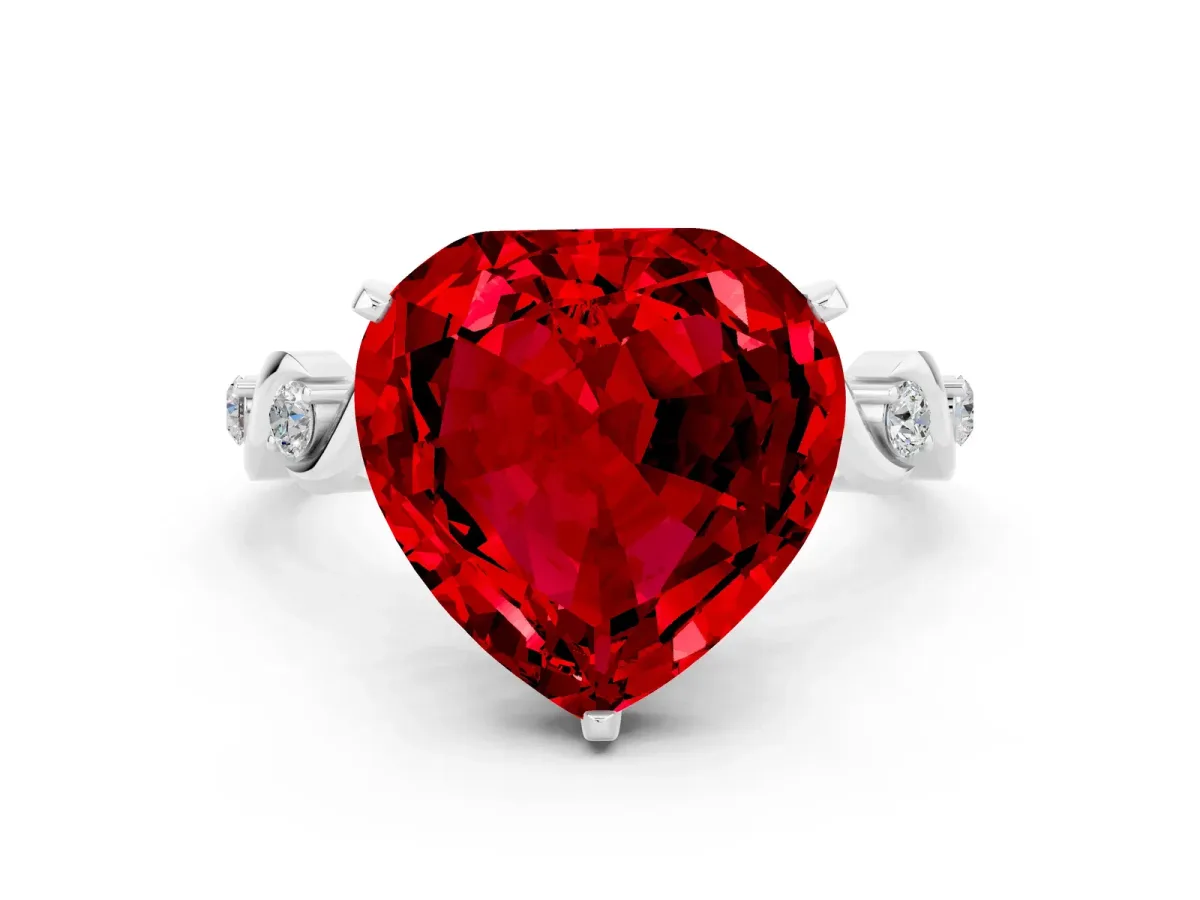 Heart Cut Ruby Solitaire Twisted Band with Round Accents and Prong Setting Platinum