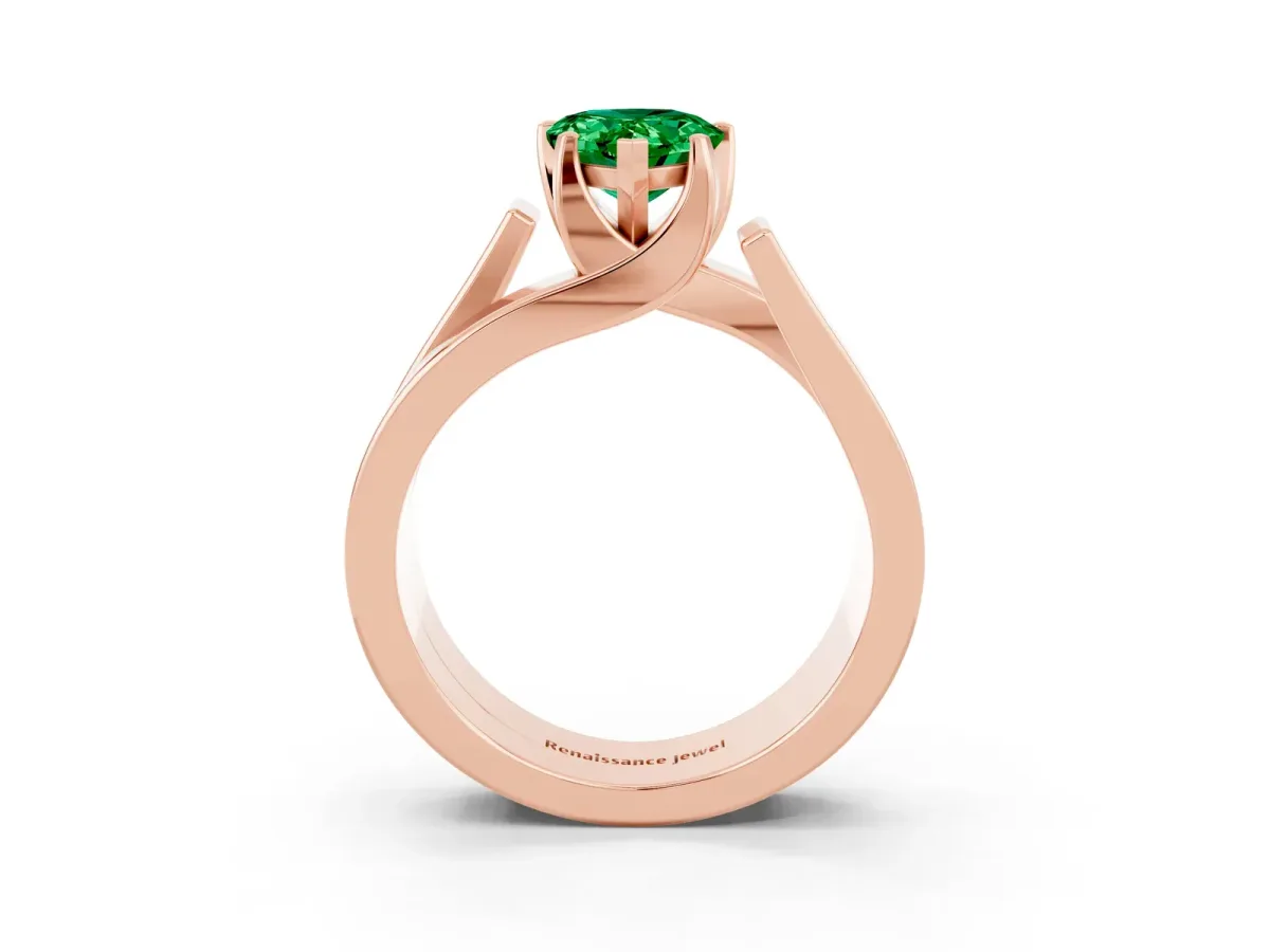 Modern Tension Set Pear Cut Emerald Solitaire Wide Band Ring Rose gold