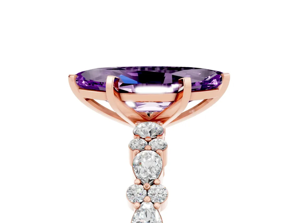 Marquise Cut Amethyst Side Stone Solitaire Ring with Round and Four-Prong Setting Rose gold