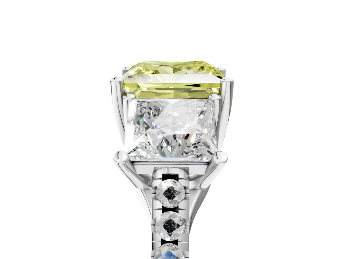 Fancy Yellow Three-Stone Princess Cut Diamond Ring with Round Pavé Band and Prong Setting Silver