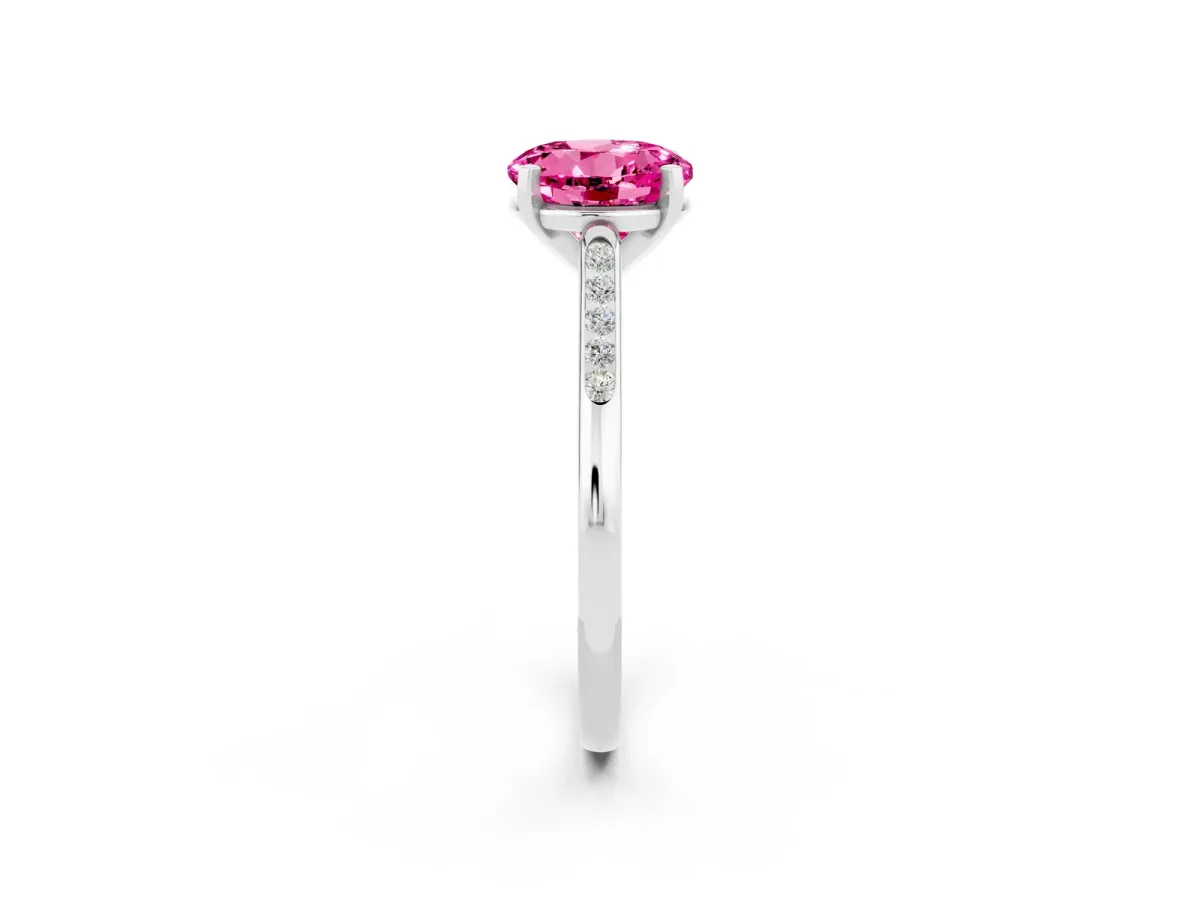 Round Cut Pink Sapphire Solitaire Ring with Channel Set Round Band and Prong Setting Silver