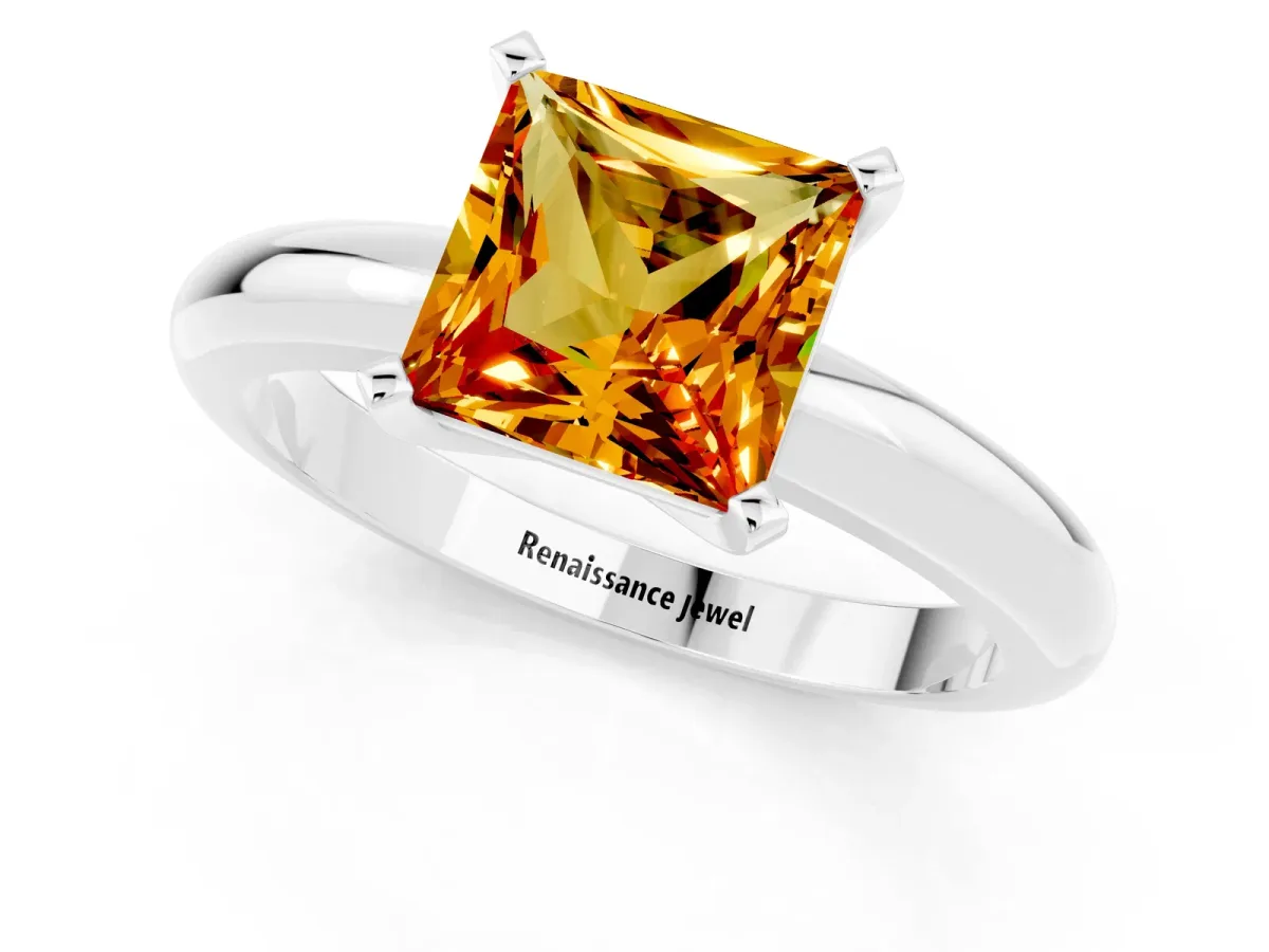 Princess Cut Citrine Solitaire Engagement Ring with Round Band and Four-Prong Setting Silver