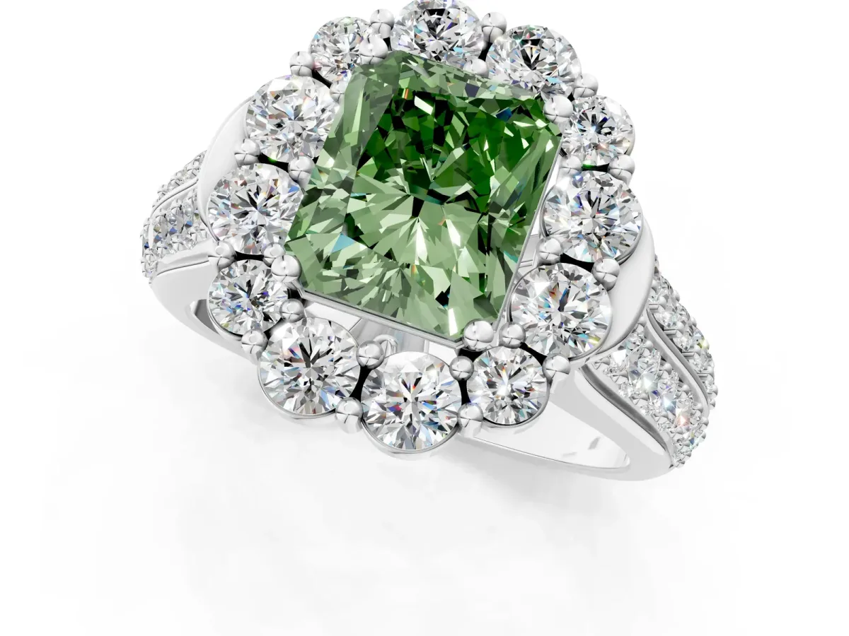 Fancy Green Radiant Cut Halo Diamond Engagement Ring with Split Shank and Prong Setting Platinum