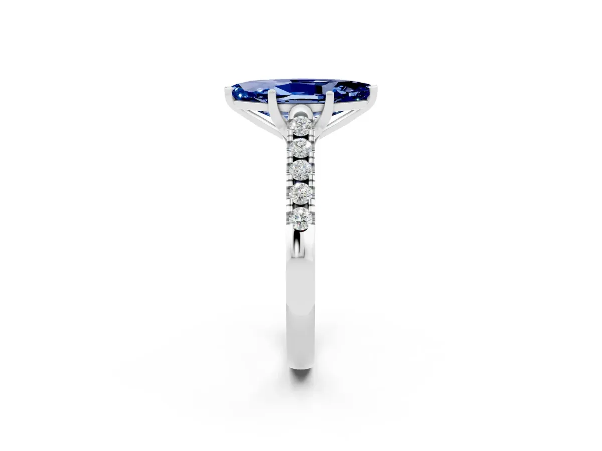 Marquise Cut Blue Sapphire Pavé Band Solitaire Ring with Prong Setting Silver