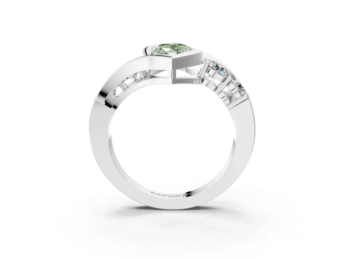 Fancy Green Bezel Set Marquise Cut Diamond Bypass Ring with Round Accents Silver