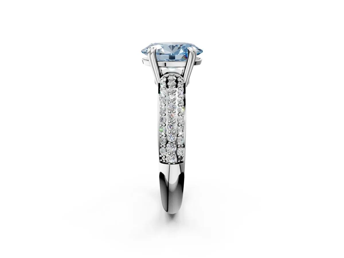 Fancy Blue Oval Cut Diamond Solitaire Ring with Multi-Row Round Pavé Band and Prong Setting White gold