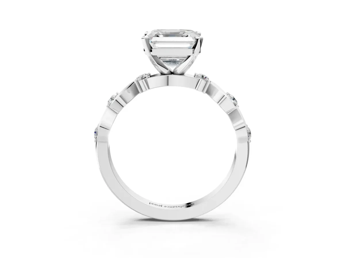 Asscher Cut Diamond Solitaire Twisted Band with Round Accents and Prong Setting Silver