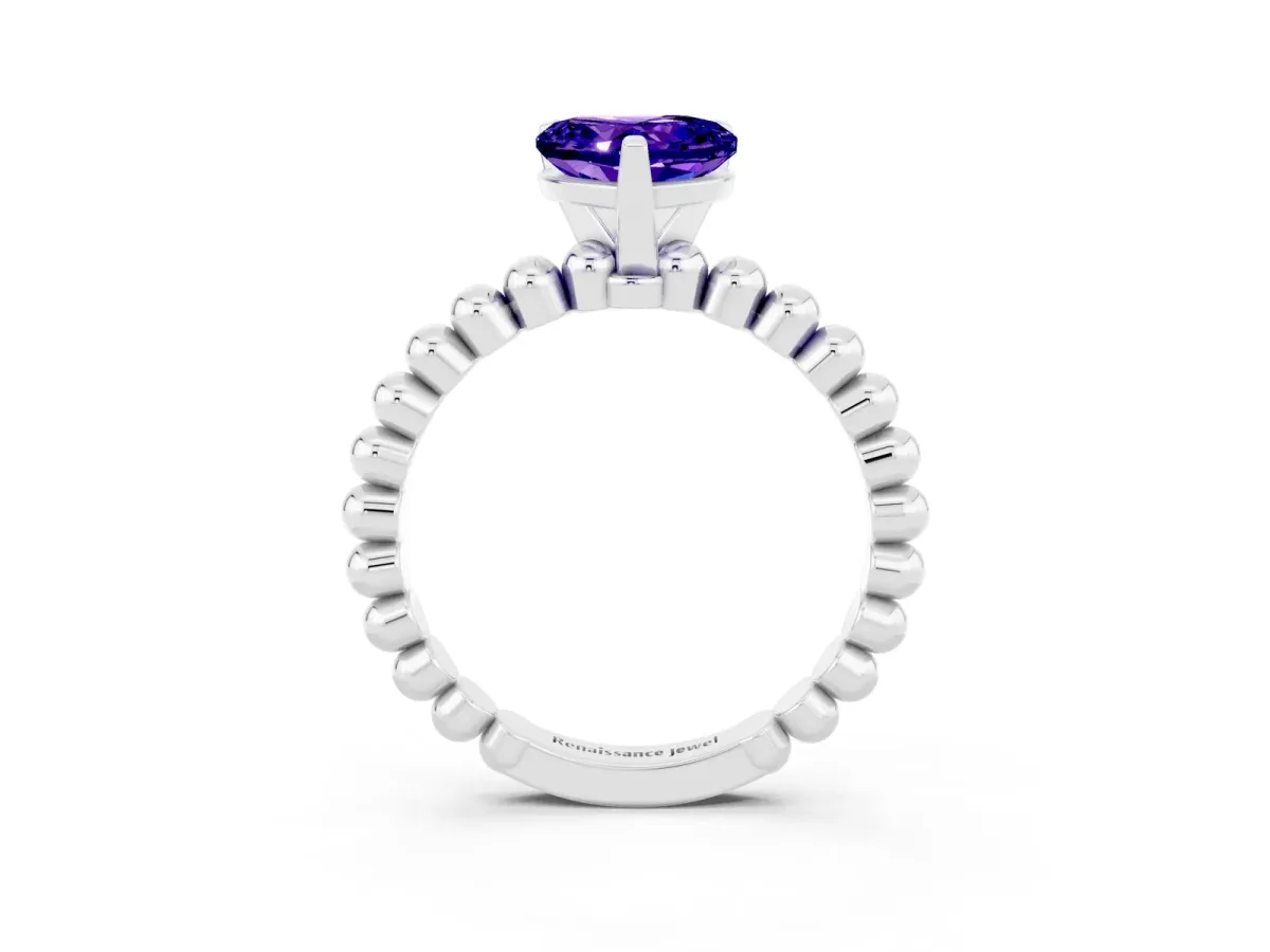 Heart Cut Tanzanite Solitaire Ring with Beaded Band and Prong Setting Silver