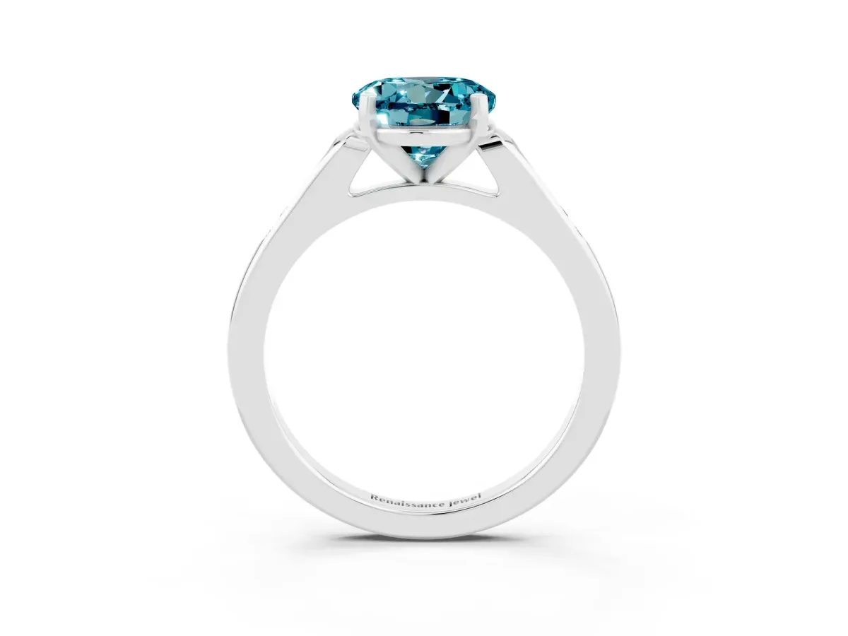 Round Cut Blue Topaz Solitaire Ring with Channel Set Round Band and Prong Setting Silver