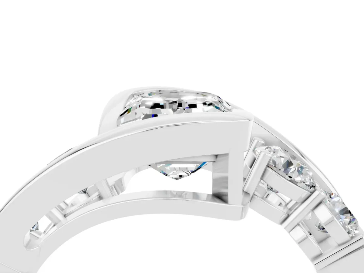 Bezel Set Emerald Cut Moissanite Bypass Ring with Round Accents Silver