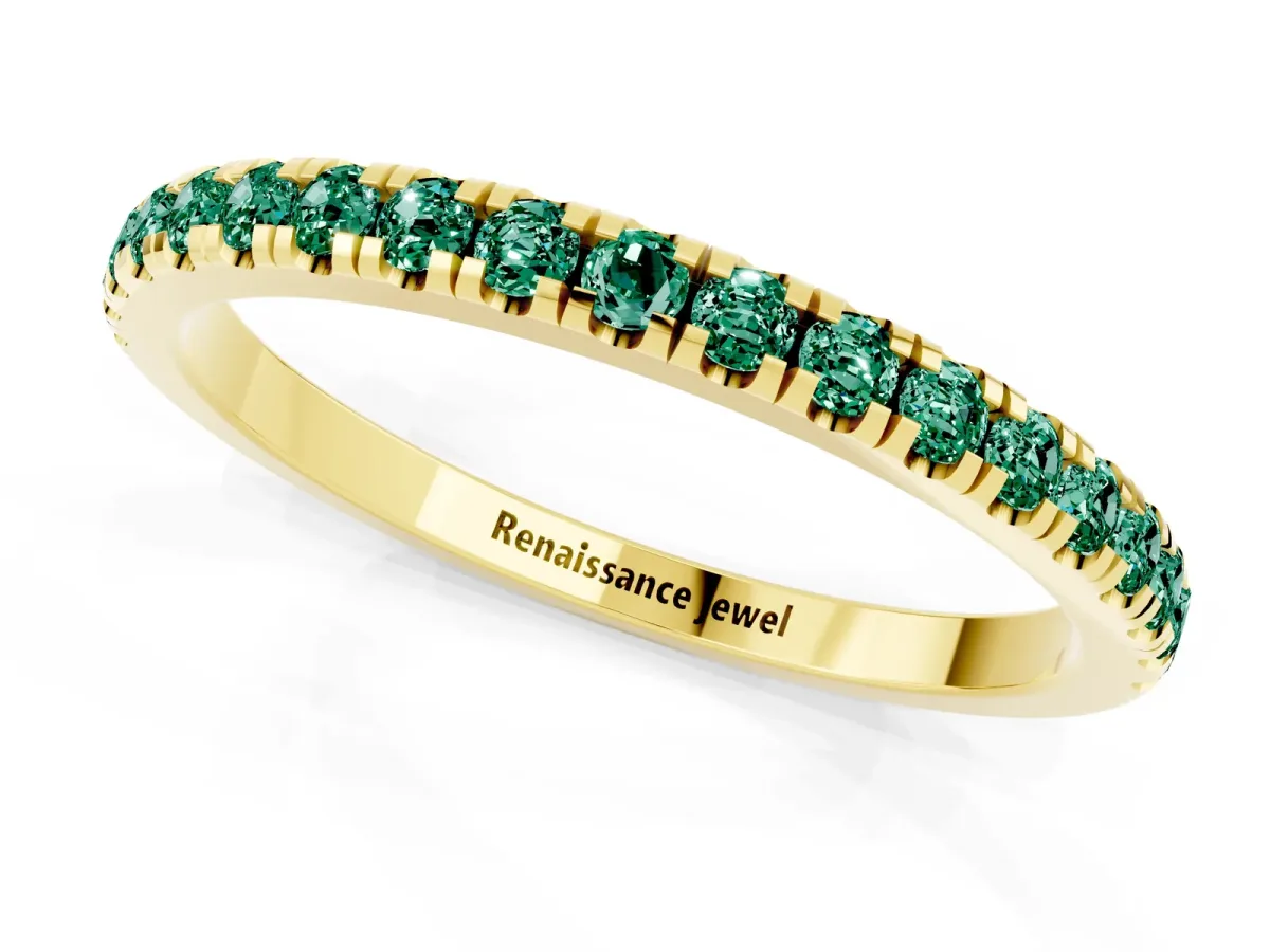 Pavé Round Green Sapphire Half Eternity Band with Shared Prong Setting Yellow gold