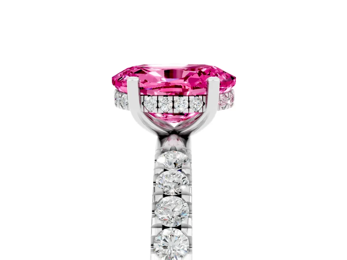 Oval Cut Pink Sapphire Pave Band Solitaire Ring with Round and Prong Setting Platinum