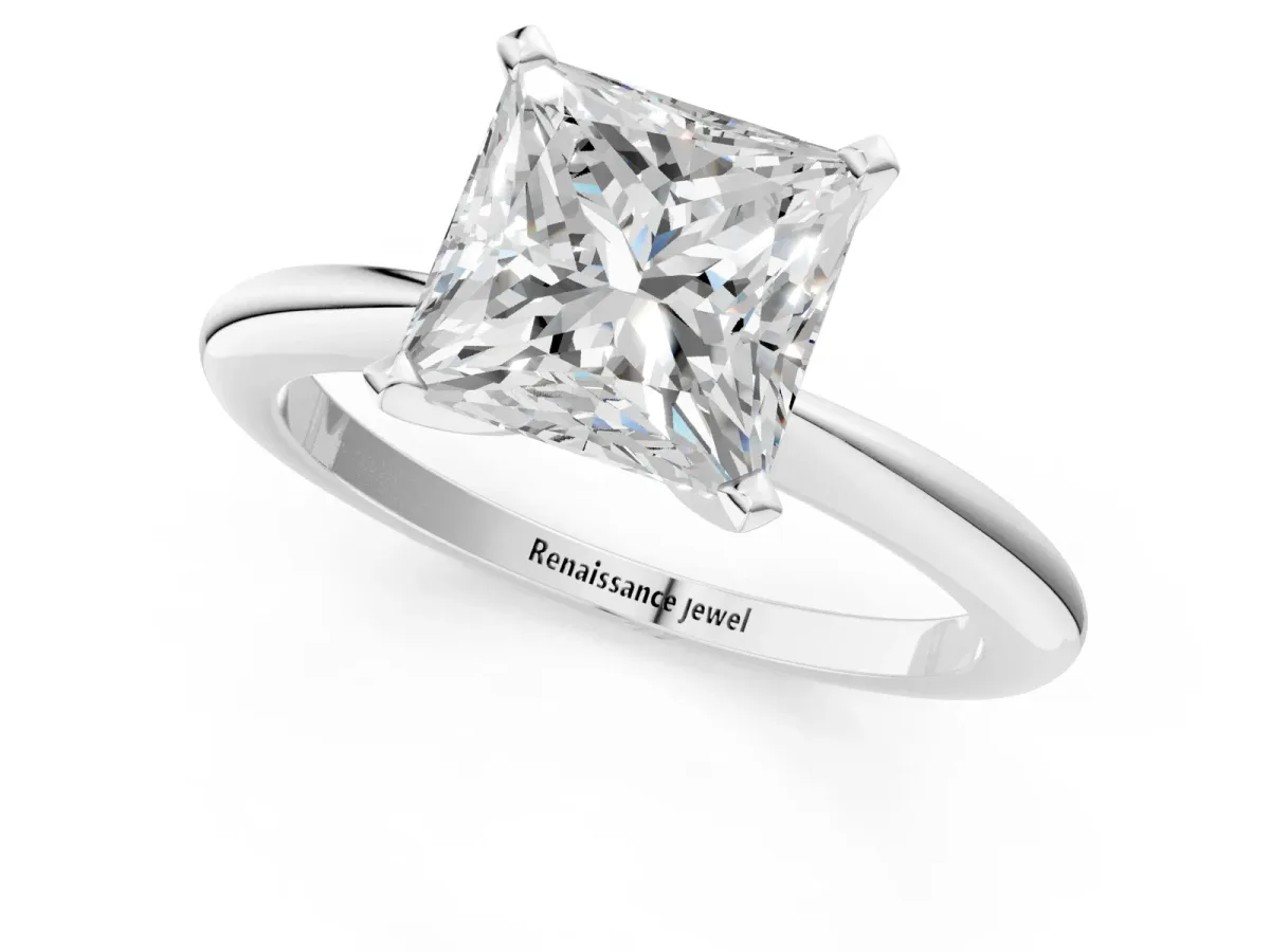 Princess Cut Diamond Solitaire Ring with Six-Prong Setting and Classic Band Silver