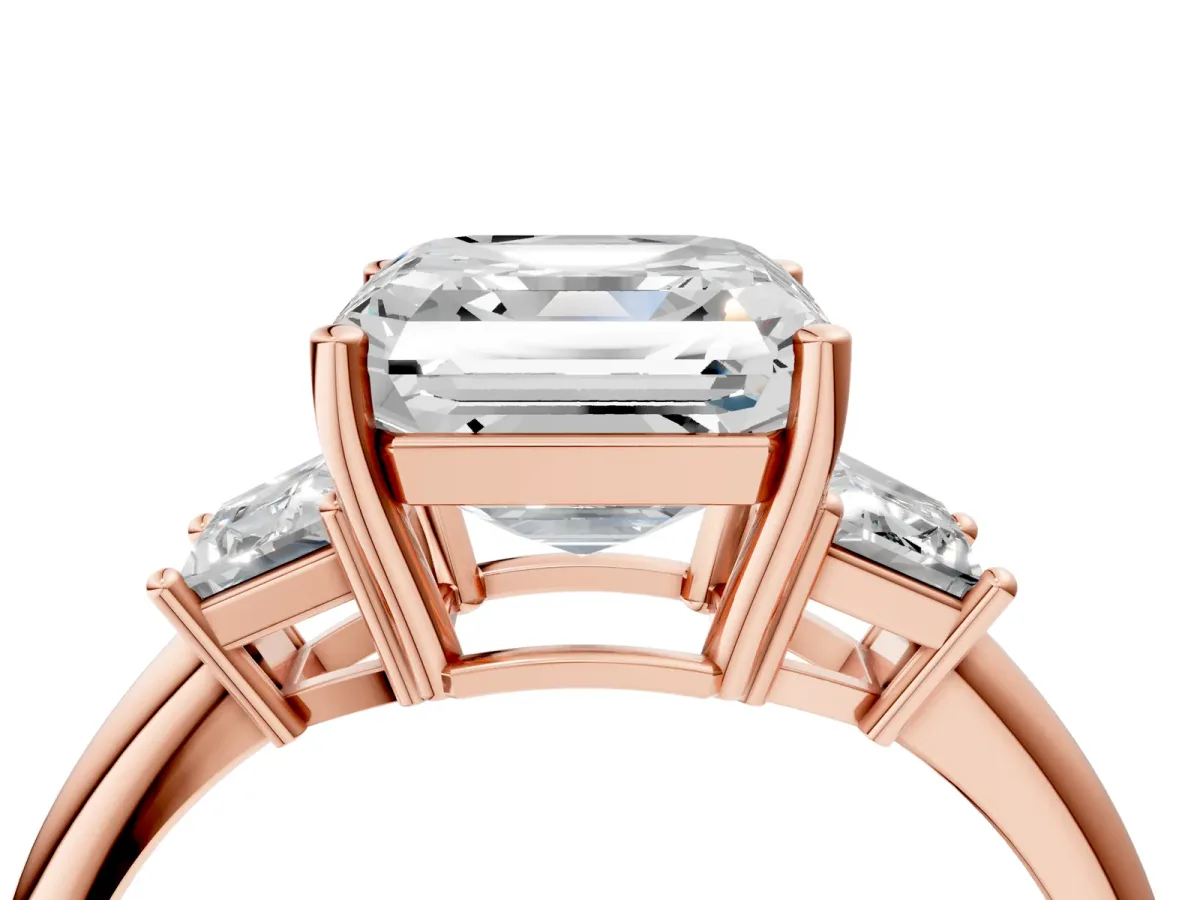 Asscher Cut Diamond Three-Stone Ring with Trapezoid Side Stones and Prong Setting Rose gold