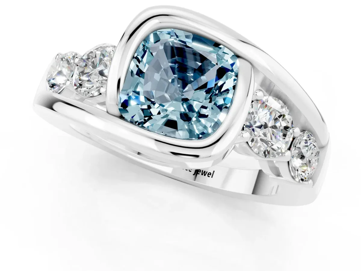 Bezel Set Cushion Cut Aquamarine Bypass Ring with Round Accents Silver