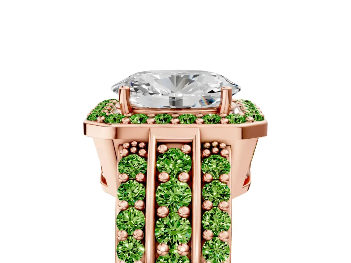 Oval Cut Halo Diamond Ring with Round Peridot Split Shank and Prong Setting Rose gold