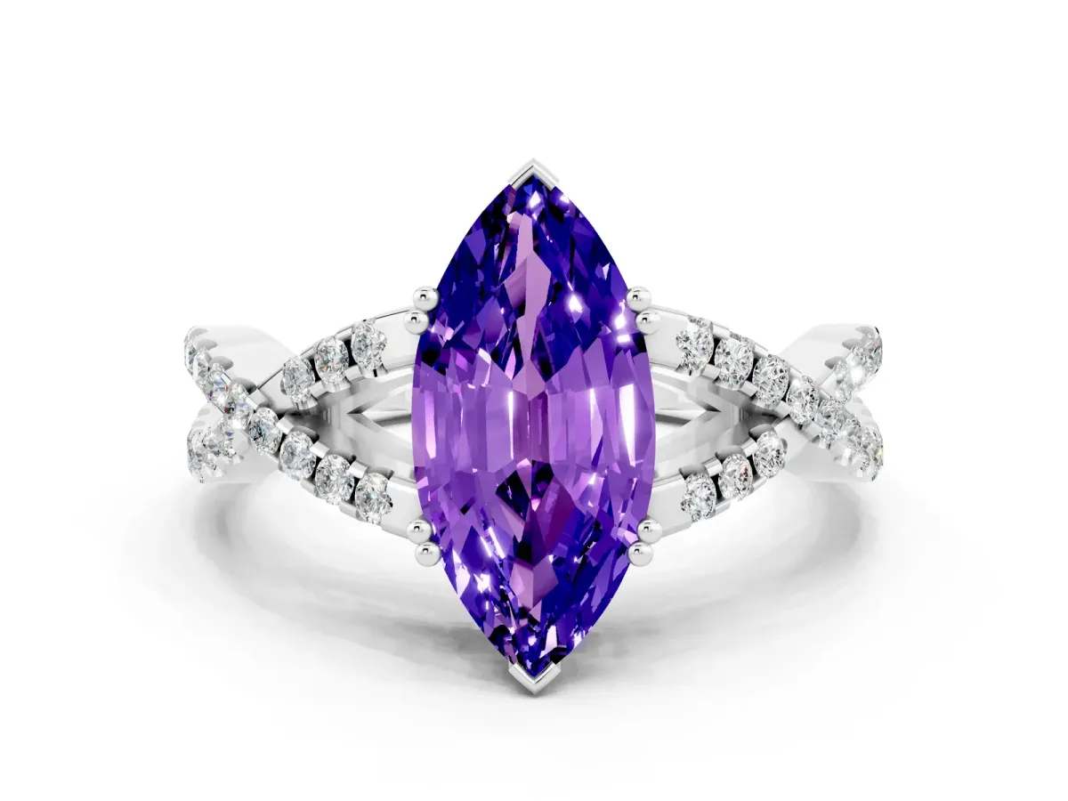Marquise Cut Tanzanite Solitaire Ring with Four-Prong Setting and Twisted Pavé Band Silver