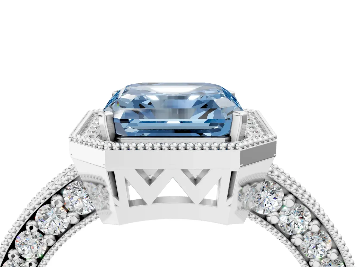 Fancy Blue Asscher Cut Cut Halo Diamond Pave Band Ring with Four-Prong Setting Platinum