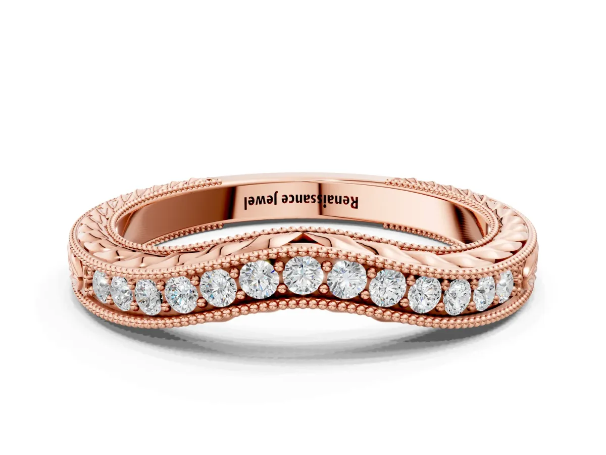 Milgrain Round Diamond Curved Eternity Band with Pavé Setting Rose gold