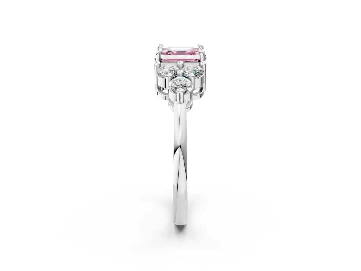 Fancy Pink Asscher Cut Brilliant Diamond Cluster Accent Solitaire Ring with Prong Setting Platinum