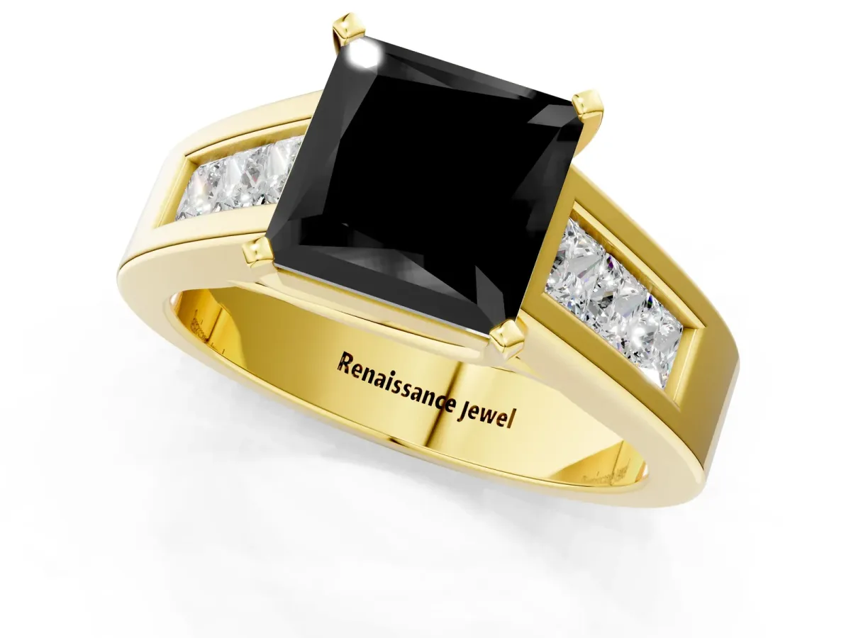 Fancy Black Princess Cut Cut Channel Set Solitaire Ring with Four-Prong Setting Yellow gold