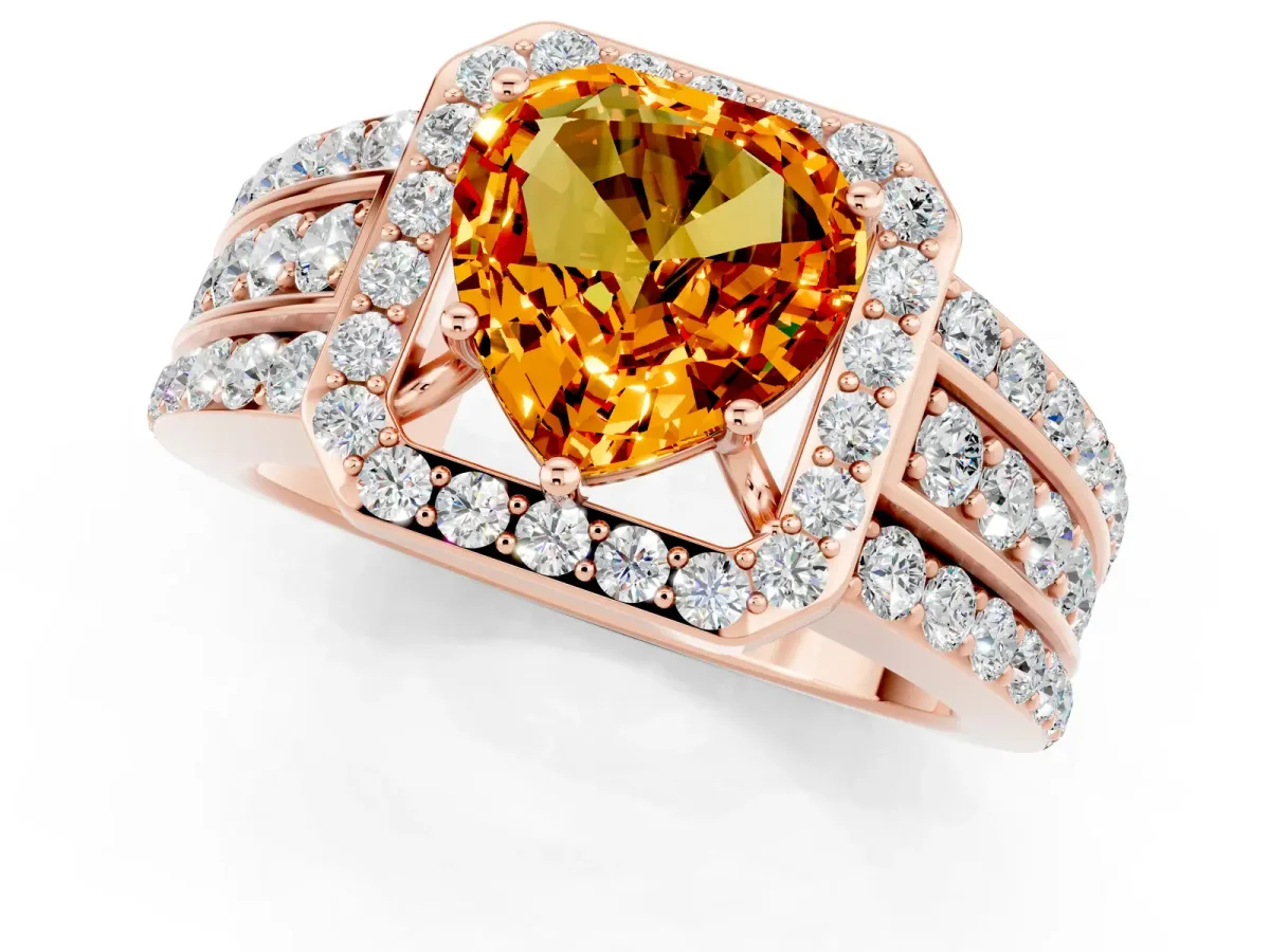 Heart Cut Halo Citrine Ring with Round Split Shank and Prong Setting Rose gold