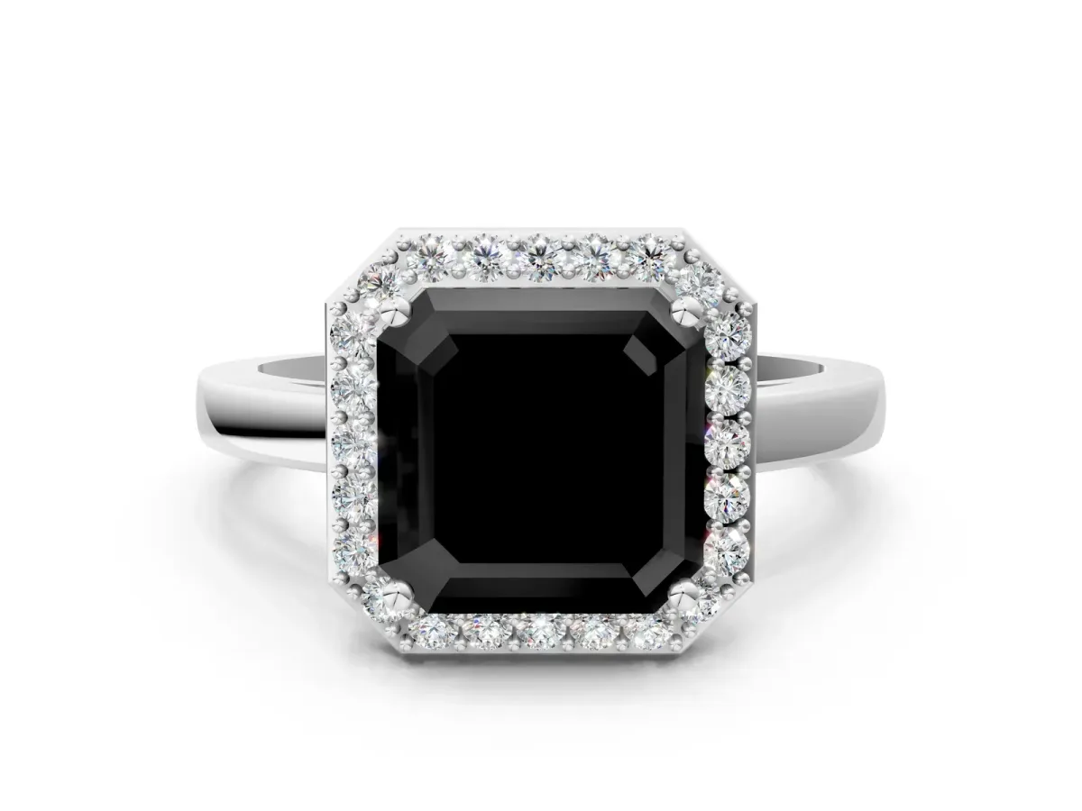 Fancy Black Asscher Cut Halo Diamond Ring with Solitaire Band and Prong Setting Platinum