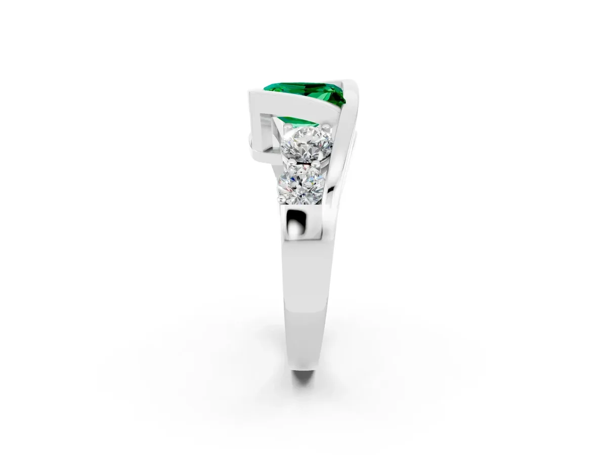 Bezel Set Princess Cut Emerald Bypass Ring with Round Accents Platinum