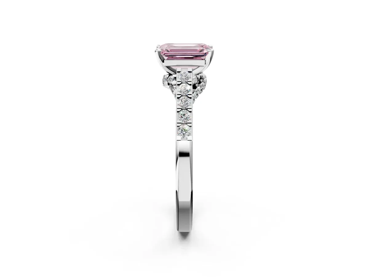 Fancy Pink Emerald Cut Diamond Solitaire Ring with Crossover Gallery and Round Pavé Band Silver