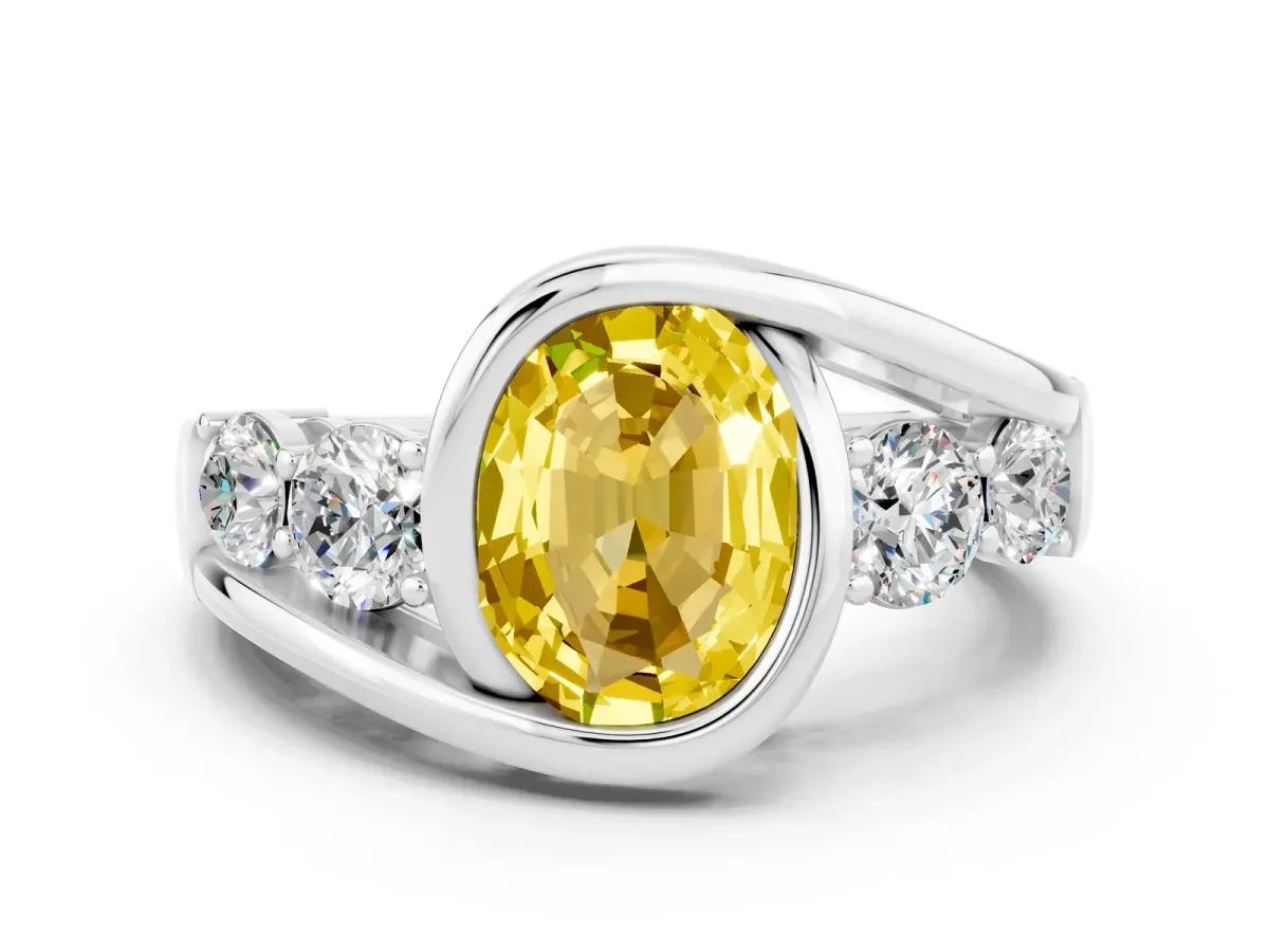 Bezel Set Oval Cut Yellow Sapphire Bypass Ring with Round Accents Silver