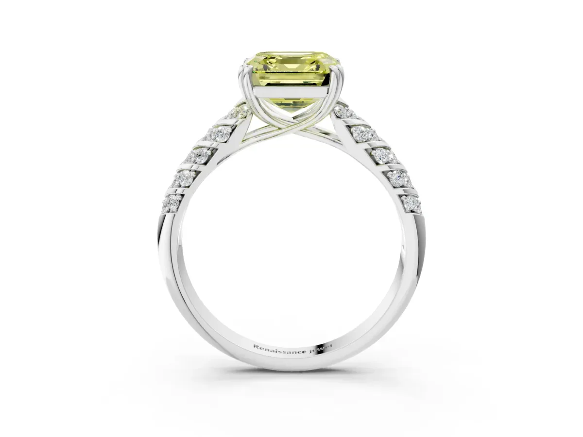 Fancy Yellow Asscher Cut Solitaire Chevron Pave Diamond Engagement Ring with Six-Prong Setting Platinum