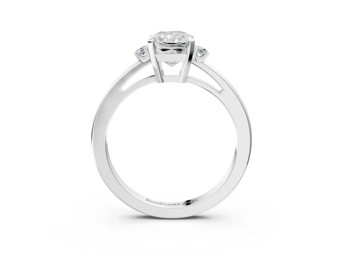 Radiant Cut Cut Three-Stone Solitaire Ring with Round Accent Diamonds and Four-Prong Setting Platinum