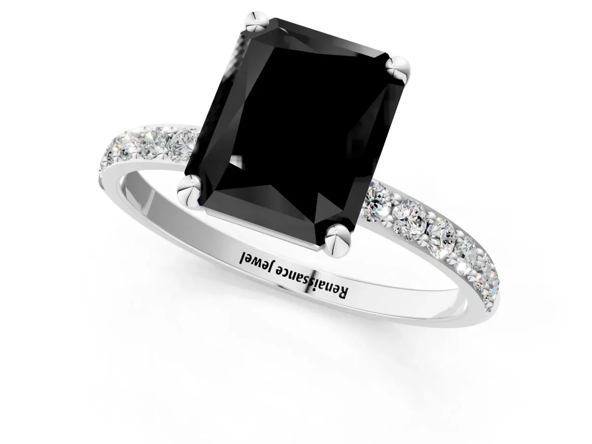 Fancy Black Radiant Cut Diamond Solitaire Ring with Round Pavé Band and Prong Setting Silver