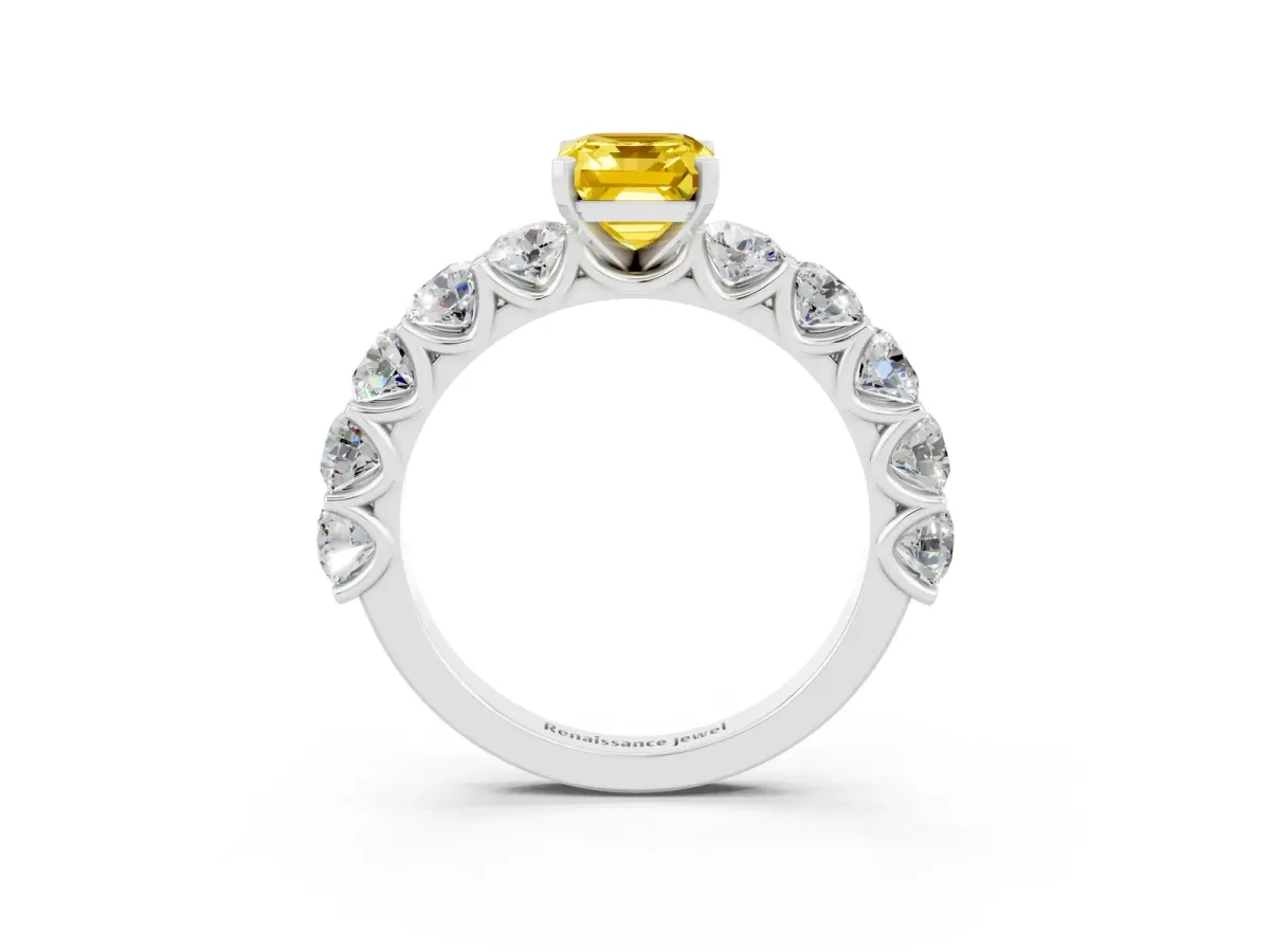 Emerald Cut Yellow Sapphire Prong Setting with Side Stones on a Pave Band Silver