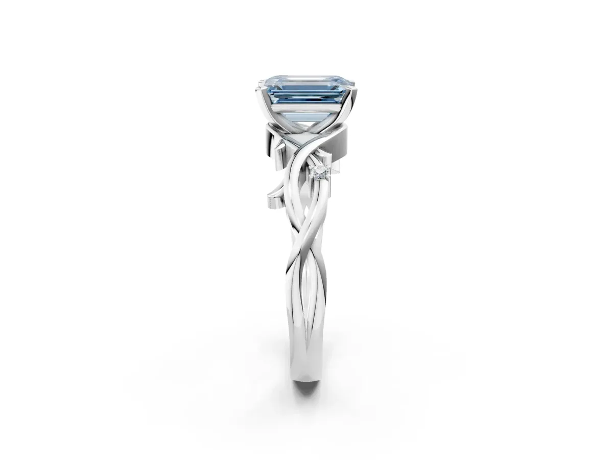 Fancy Blue Emerald Cut Diamond Solitaire Ring with Twisted Band and Prong Setting White gold